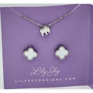 Lily Sky Elephant Necklace and White Quatrefoil Stud Earring Jewelry Set Silver